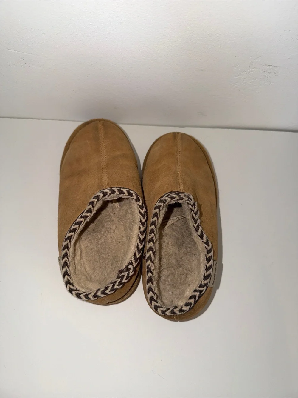 BearPaw Chestnut Suede Shearling-Lined Slip-Ons with Braided Trim